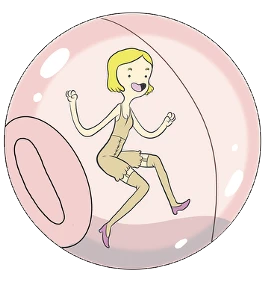 Ballgown, a character in a long dress, floating inside a great glass bubble