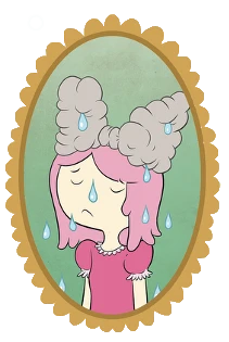 Rainbow, a character with pink hair, weeping, reflected in an ornate gold mirror