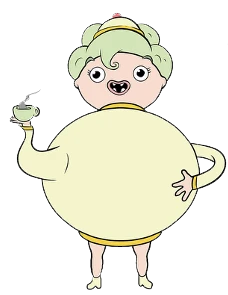 Royal-Tea, a round character shaped like a teapot, holding out a cup